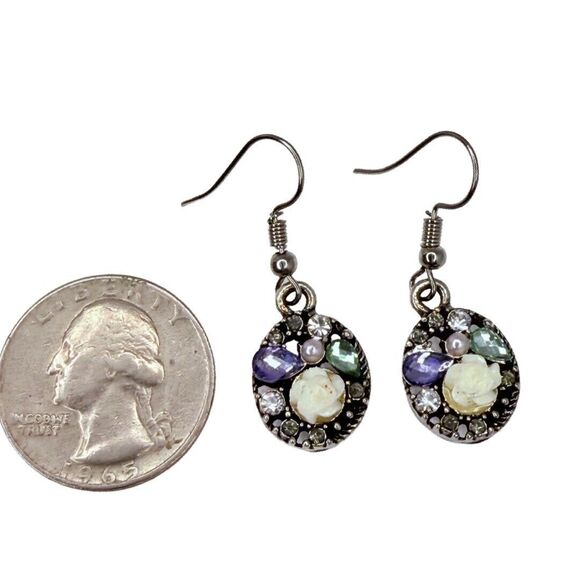 Silver Tone Rhinestone Flower Dangle Earrings 1" - Picture 9 of 10